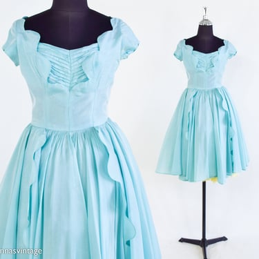 1950s Turquoise Blue Taffeta Dress | 50s Bright Blue Party Dress | Bridal | Sylvia Ann | XS 