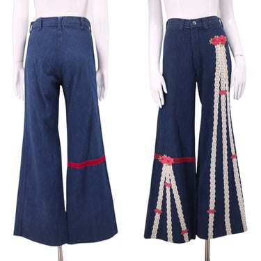 70s PETIT FORS dark denim high waisted bell bottom jeans sz 28 / vintage 1970s custom appliqué lace bells bottoms flares pants sz 8 