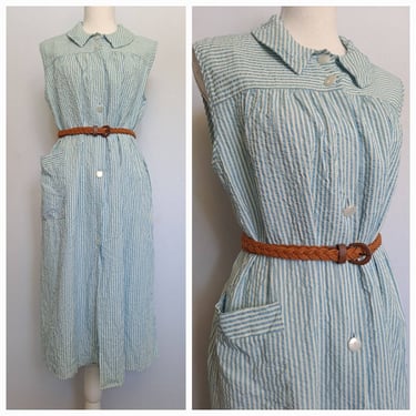 Vintage 1940's - 1950's Blue and White Striped Seersucker Sleeveless House Dress 