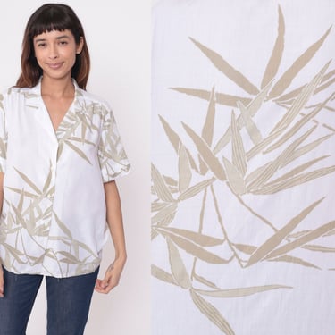 Tropical Leaf Shirt 90s White Abstract Bamboo Blouse Button Up Vintage Surfer Vacation Short Sleeve Retro Top 1990s Taupe Extra Large xl 