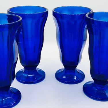 Vintage Set of 4 Anchor Hocking Cobalt Blue Tall Footed Parfait Sundae Ice Cream Glasses 