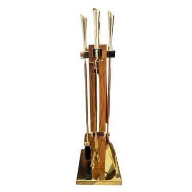 mid century modern vintage fireplace brass oak tool set attributed to Alessandro Albrizzi italian Italy 