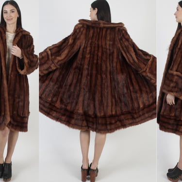 50s Mid-Century Red Mink Coat, Striped Fur Opera Jacket, Winter Evening Overcoat, Size Large 