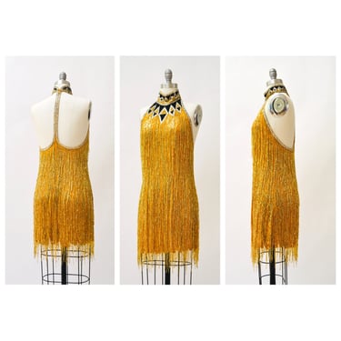 80s Vintage Bob Mackie Gold Beaded Fringe Dress Vintage Gold Metallic Dress Small // Gold Beaded Fringe Dress Flapper Inspired Cher Dress 