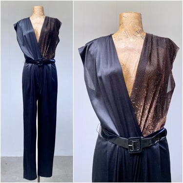 Vintage 1980s Black/Gold Polyester Disco Jumpsuit, Sexy Plunging V Neckline, 80s Nightclubbing Fashion, Small to Medium 