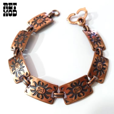 Fun Vintage 60s 70s Copper Sun Faces Link Bracelet 