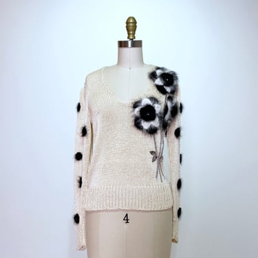 Angora Flower and Rhinestone Vintage Sweater