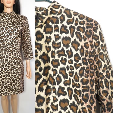 Vintage 80s Cotton Leopard Print Mock Neck Bodycon Dress Size L 