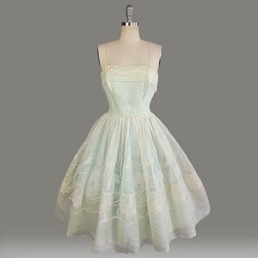 1950s Party Dress / 1950s Fit & Flare Dress / 1950s Organdy and Taffeta and Party Dress / Cotillion Formals Dress / Size Small 