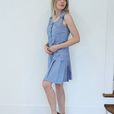 Y2K Collared + Pleated Baby Blue Cotton Multi Pocket Mini Dress with Silver Buttons sz XS S M Chambray Tennis Dress Skater 2000s Vintage 