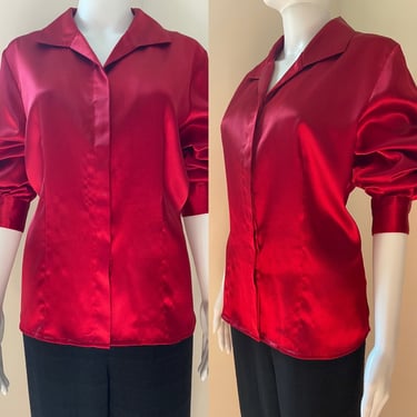 Sexy Shiny Maroon Red Silk Blouse fits S - L 1980's 