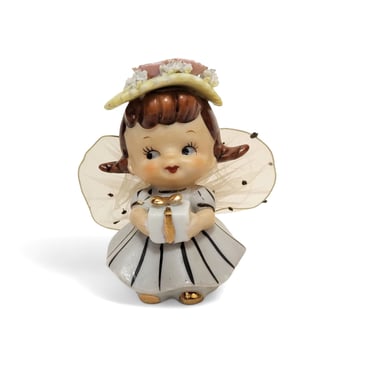 Vintage Wales Angel Figurine, Fairy Girl Holding Gift, Ceramic Pixie w/ Tulle Mesh Wings, Mid Century Modern, Japan, Vintage Home Decor 