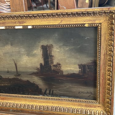 vintage french oil on board dark shore painting