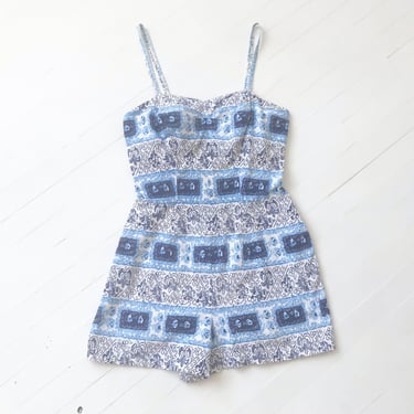 1950s Blue Floral Print Swimsuit Romper 