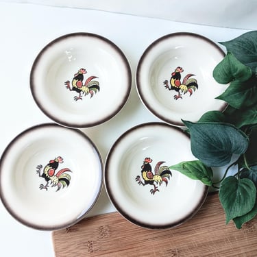 4 Vintage Stoneware Berry Bowls /Metlox Poppytrail/ Red Rooster /Hand Decorated Dinnerware/ USA/ Retro Farmhouse Country Cottage Kitchen 