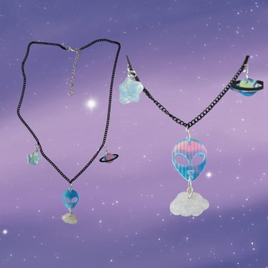 Space Alien Necklace - Iridescent Cosmic Celestial Charm Necklace 
