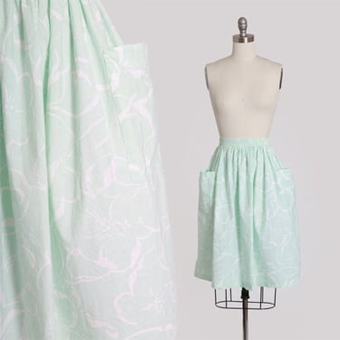 80s blue floral cotton midi skirt 