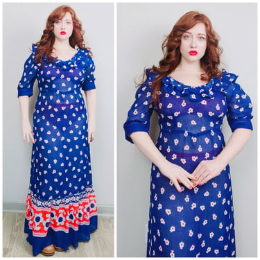 1970s Vintage Blue and Red Sheer Floral Maxi Dress / 70s / Seventies Ruffled Puffed Sleeve Cotton Prairie Dress / Size Large 