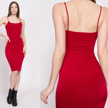 90s Red Bodycon Midi Dress - XS to Small | Vintage Slinky Fitted Sleeveless Cocktail Party Dress 