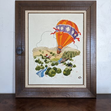 Hot Air Balloon Vintage Framed Crewel Embroidery 