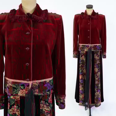 Jaeger | 1970s Burgundy Velvet Coat | 70s Maroon Floral Cotton Velvet Long Coat | Velvet Maxi Coat | Jaeger | Medium 