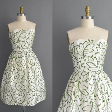 vintage 1950s dress |  Outstanding Satin Green Embroidered Floral Strapless Wedding Dress | Small Medium | 50s dress 
