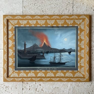 19th C. Neapolitan Gouache of the View of Vesuvius by Night I Circa 1872 in Yellow Gusto Painted Frame I