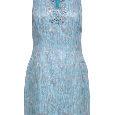 Lilly Pulitzer - Turquoise &amp; Silver Textured &quot;Airy&quot; Shift Dress w/ Beaded Neckline