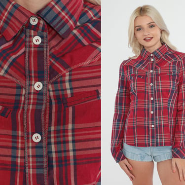 Western Blouse 90s Red Plaid Button up Shirt Rodeo Top Cowgirl Long Sleeve Checkered Collared Westernwear Yoke Vintage 1990s Small S 