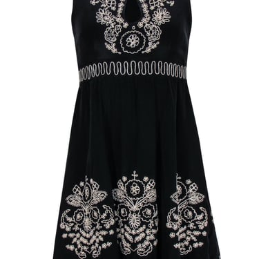 Nanette Lepore - Black Silk Fit & Flare Dress w/ Beige Embroidery & Keyhole Cutout Sz 2