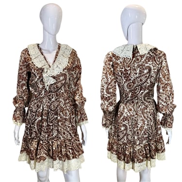 1970's Brown and White Paisley Ruffle Mini Dress Size S/M