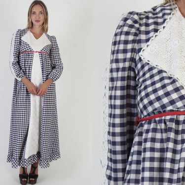 Blue White Gingham Americana Dress / Plaid Crochet Western Maxi / Vintage 70s Country Picnic Outfit / Checker Print Tiered Skirt 