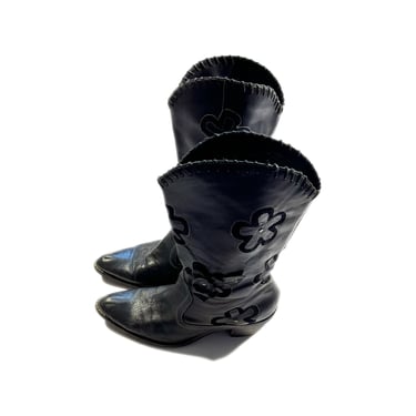 Vintage Cowgirl Boots Black Leather Flower Western Heeled