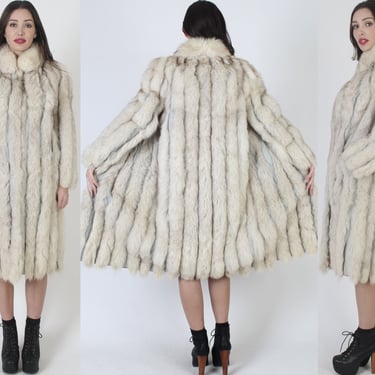 Mid Length Ivory Fox Coat / Long Striped Real Fur Overcoat / Leather Corded Inlay Paneling / 80s Shawl Collar Plush Maxi Jacket 