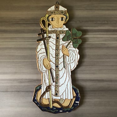 Vintage Monks of St. Andrew’s Abbey Wall Plaque of Saint Patrick, Mid Century Modern decor 