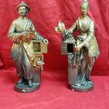 Borghese Bronze Chalkware Figurines - man and woman with birds and birdcages Nature Theme decor 