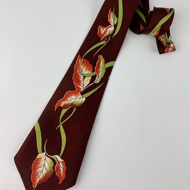 1940's-50's Swirling Leaves Printed Tie - PENNEY'S Label - Colorful Leaves with Green Swirls on a Dark Brown Background 