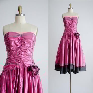 pink prom dress 80s vintage Modelle Le Kress metallic pink strapless fit and flare party dress 