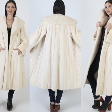 Full Length Blonde Mink Coat, Womens Tourmaline Real Fur Jacket, Vintage 80s Genuine Platinum Large Collar Overcoat 