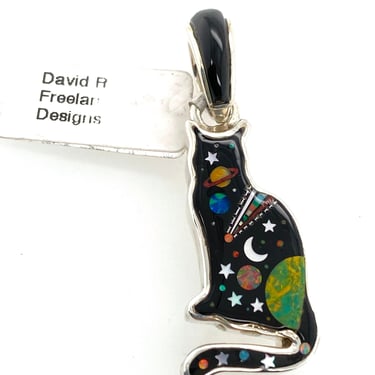 David R Freeland Jr Artisan Multi Stone Inlay Cosmic Cat Pendant Sterling Silver 