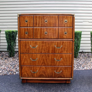 Mid Century Modern Accolade Campaign Style Tall Chest of Drawers Dresser by Drexel 