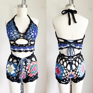 Vintage 1970s Granny Square Crochet Top & Bottom outfit set / Swimsuit // S 