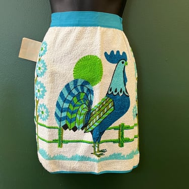 1970s terry cloth apron funky turquoise rooster skirt saver 