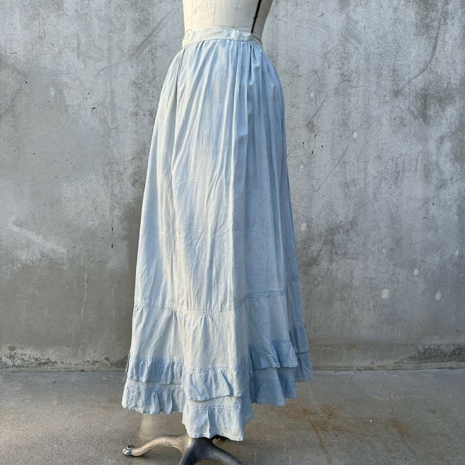 Antique Edwardian Blue Cotton Chambray Maxi Dress Skirt Prairie Farm Vintage