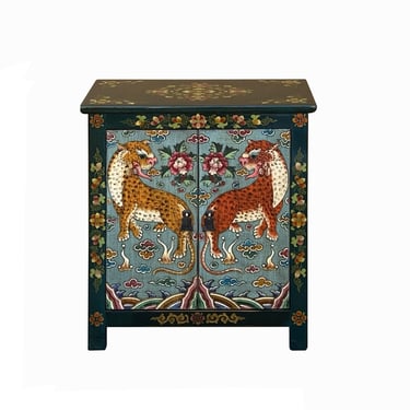 Tibetan Oriental Teal Green Light Blue Jaguars End Table Nightstand cs7748E 