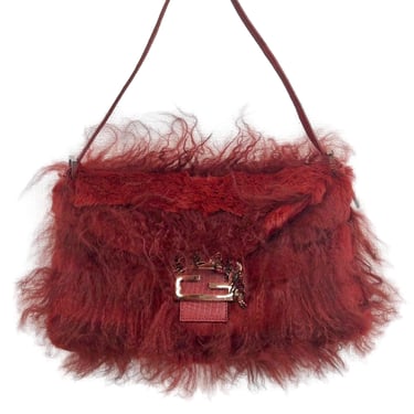 Fendi Red Fur Rhinestone Logo Baguette Bag