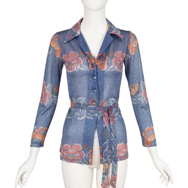 Missoni 1972 Vintage  Floral Blue Lurex Belted Button-Up Top Sz XS 