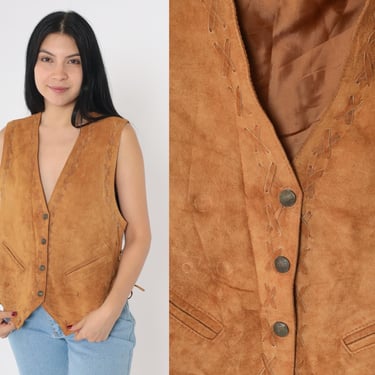 90s Brown Suede Vest Western Leather Vest 1990s Vest Button up Vintage Boho Hippie Vest Retro Sleeveless Vest Small 