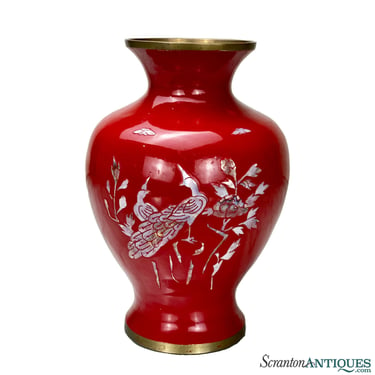 Vintage Chinese Brass Red Enamel Cloisonne Mother of Pearl Vase