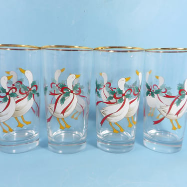 Vintage Christmas Festive Goose Glass Tumblers - Mikasa Christmas Goose Highball Glasses - Set of 4 Christmas Glass Tumblers 